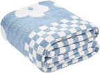 Checkered Throw Blanket, Dusty Blue Super Soft Knit Breathable Throw Blanket, Cozy Fluffy Reversible Checkerboard Flower Fuzzy Blanket for Couch Sofa Bed Living Room Decor 50 x 60 inch