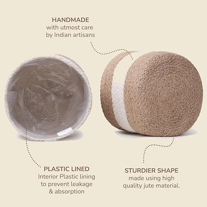 Jute Planter Basket -Sustainable Woven Rope Covers for Decorating Indoor/Outdoor Plants Pots 6.5x6.5x6 Inches Ideal Size for 6" Planter-Multi-Purpose Storage Set of 2 White & Natural Jute