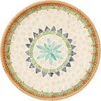 Round Rattan Tray with Mother of Pearl Inlay, Rattan Serving Tray with Wooden Base, Decorative Wicker Basket for Table Decor, Storage and Display of Coffee Bread Food Fruit (Bohemia)