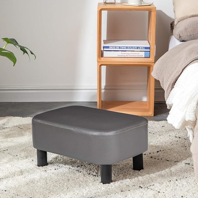 IBUYKE 16.54" Small Footstool, PU Faux Leather Step Stool, with Padded Seat Pine Wood Legs and Padded Rectangular Stool, for Bedroom, Gray RF-BD211