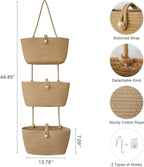 TeoKJ 3-Tier Hanging Baskets for Storage with Pearl Button Strap, Cotton Rope Over the Door Organizer, Wall-Mounted with Hook Decorative Hanging Nursery Baskets, Jute
