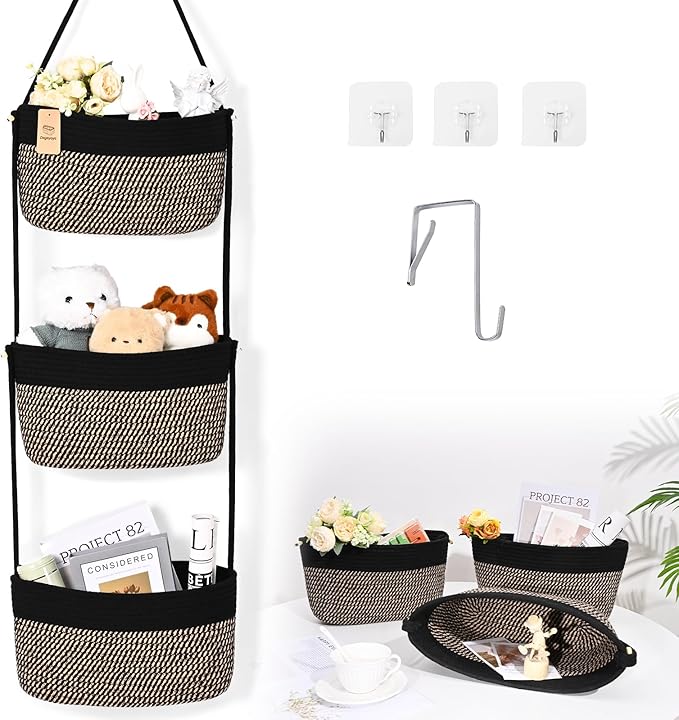 Hanging Basket, 3-Tier Wall Baskets, Over the Door Organizer with 4 Hooks, Hanging Baskets for Organizing, Woven Storage Basket Behind the Door for Nursery, Bedroom, Living Room, Kitchen