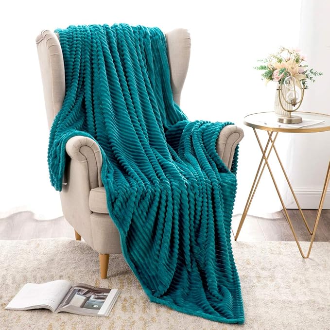 MIULEE Fleece Throw Blanket for Couch 300GSM Super Soft Lightweight Plush Striped Blanket, Teal Blue Warm Cozy Breathable Ribbed Flannel Blanket for Bed/Sofa, Twin Size 60"x80", Turquoise