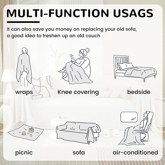 ROOMLIFE Beige Boho Couch Cover Sofa Covers with Tassel Farmhouse Sofa Slipcover Simple Couch Protector for Dogs Chenille Sectional Couch Covers L Shaped Couch Cushion Covers, 71"x 118"