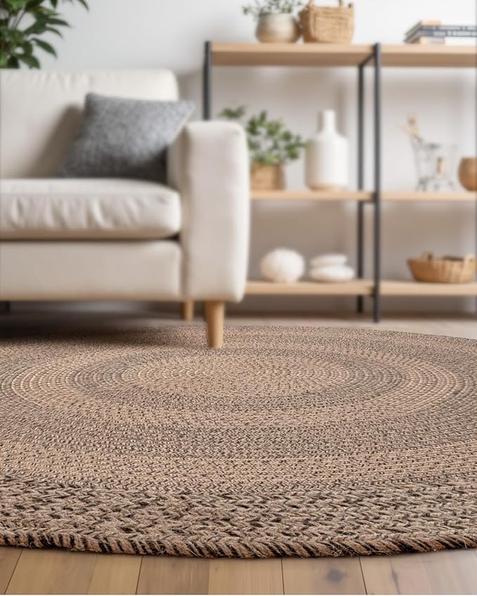DEXI Round Jute Rug Natural Fiber 6x6, Braided Woven Area Rugs No Shed, Large Soft Neutral Rustic Carpet Mat for Indoor Outdoor Patio Dining Living Room Bedroom Farmhouse, 6ft, Brown