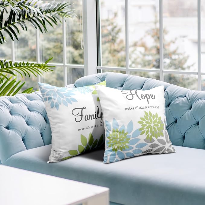 Tatuo 4 Pcs Flower Pillow Covers Square Spring Pillow Cushion Cases 18 x 18 Inch Family Faith Hope Love Words Decorative Summer Winter Cushion Case for Bed Couch Sofa Living Room(Green Series)