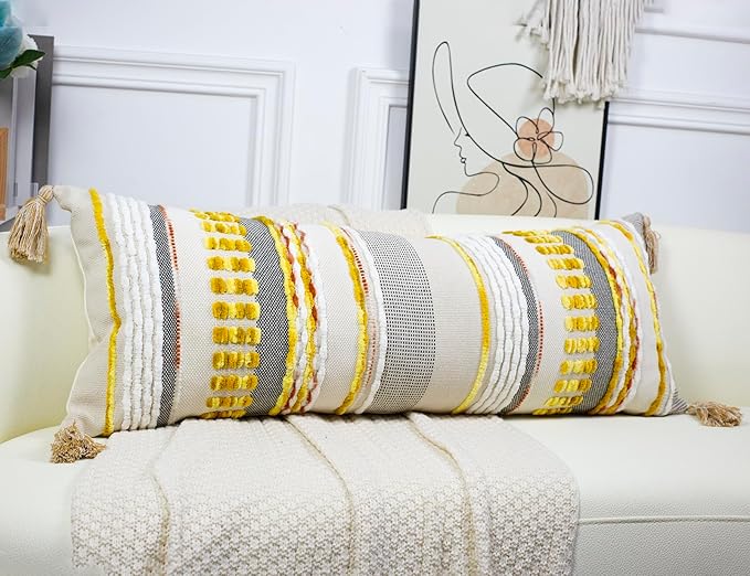 Chenille and Cotton Long Pillow for Bed, Striped Textured Boho Lumbar Throw Pillow Cover 14x36, Neutral Accent Decorative Extra Long Body Pillow Case for Couch, Sofa, Bedroom, Yellow