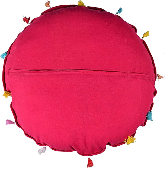 Indian Handmade Patchwork Codework Pink Round Pouf Cover Ottoman Floor Pillow Cushion Seating Throw Decorative Pom Pom Pillow Cases Boho 32 Inches, BFPC0106