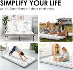 Japanese Floor Mattress, 3.5" Thicken Ink Wash Floral Pattern Portable Futon Mattress, 100% High-Density Foam Tatami Mat Sleeping Pad for Camping Guest Room Dormitory RV, White, Queen