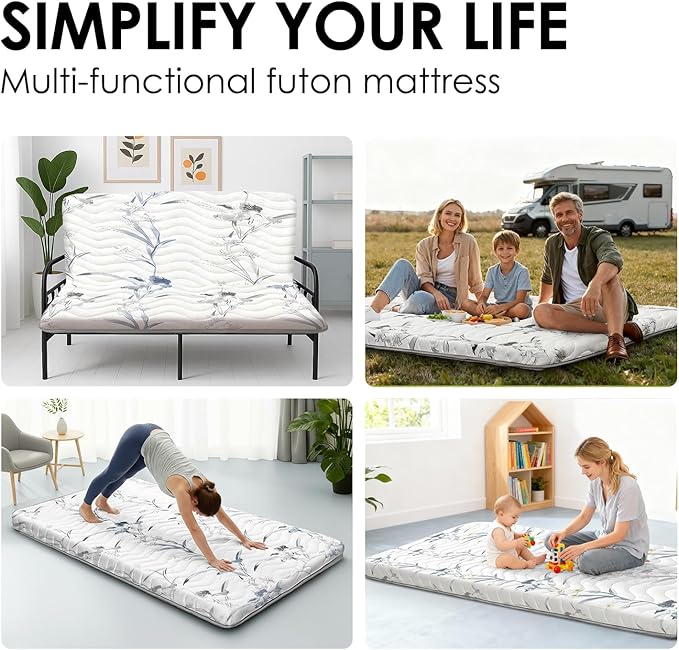 Japanese Floor Mattress, 3.5" Thicken Ink Wash Floral Pattern Portable Futon Mattress, 100% High-Density Foam Tatami Mat Sleeping Pad for Camping Guest Room Dormitory RV, White, Queen