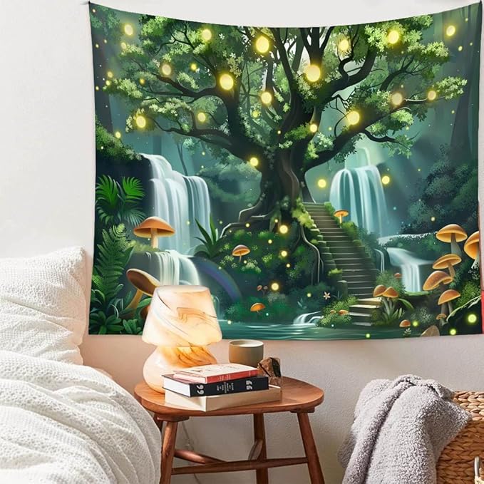 Jhdstore Tree of Life Tapestry for Bedroom Green Forest Tapestry Home Decor Bedroom Living Room Decor Tapestries Wall Hanging Magic Forest Wall Hanging 36"x48"