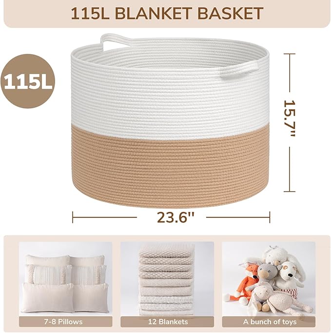INDRESSME 115L Extra Large Jute Rope Basket, Blanket Basket Home Decor Baby Laundry Baskets for Toys Storage Bedroom, Living Room, Nursery, Boho Hamper for Colthes Towel, White & Camel
