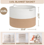 INDRESSME 115L Extra Large Jute Rope Basket, Blanket Basket Home Decor Baby Laundry Baskets for Toys Storage Bedroom, Living Room, Nursery, Boho Hamper for Colthes Towel, White & Camel