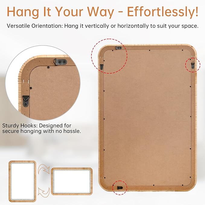 FUIN 30x20 Inch Rattan Wall Mirror with White Bead Trim, Handmade Boho Bathroom Vanity Mirror, Natural Rectangular Hanging Mirror for Bedroom, Living Room, Entryway, Vertical or Horizontal Mount