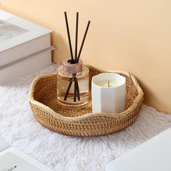 8.7” Small Basket Wicker, Rattan Serving Bowl Bowls, Small Decorative Tray, Natural Handwoven Basket, Entryway Nightstand Dining Room Kitchen Counter Table Coffee Organizing Snack Pastries Jewry