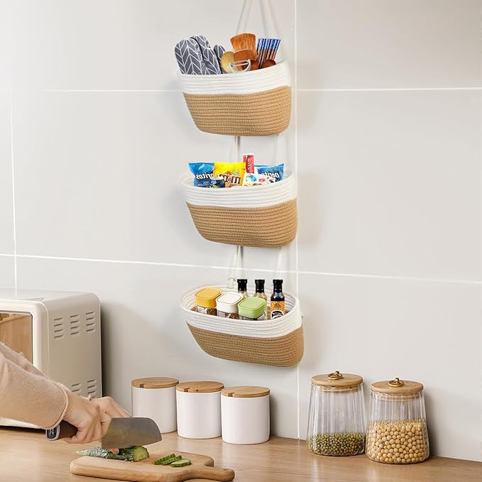 DULLEMELO Hanging Storage Basket for Organizing, 3-Tier Over The Door Organizer, Woven Wall Basket Decor Hanging Baskets for Storage, Versatile Storage for Every Room‌, White&Jute