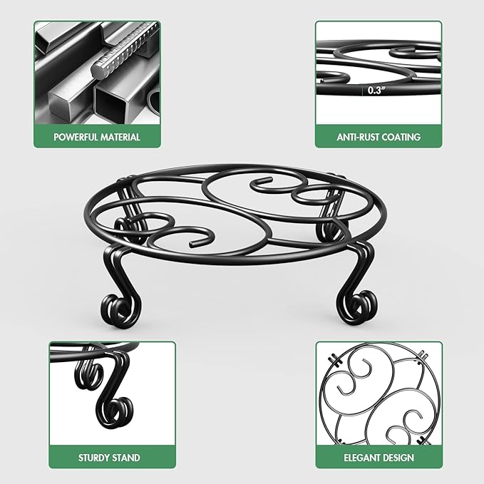 Yimobra 4 Pack Plant Stand for Flower Pot Heavy Duty Potted Holder Indoor Outdoor Metal Rustproof Iron Garden Container Round Supports Rack for Planter (4PC Black 9.4 x 2 IN)