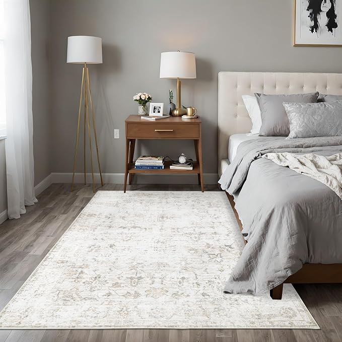 Washable 3×5 Area Rug for Living Room, Vintage Floral Rug Soft Non Slip Stain Resistant Boho Carpet for Bedroom Dinning Room Home Office Beige New