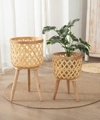 RISEON Set of 2 Handmade Mid Century Modern Planter, Rustic Indoor Rattan Basket Flower Pot Plant Stand,Large Floor Planter