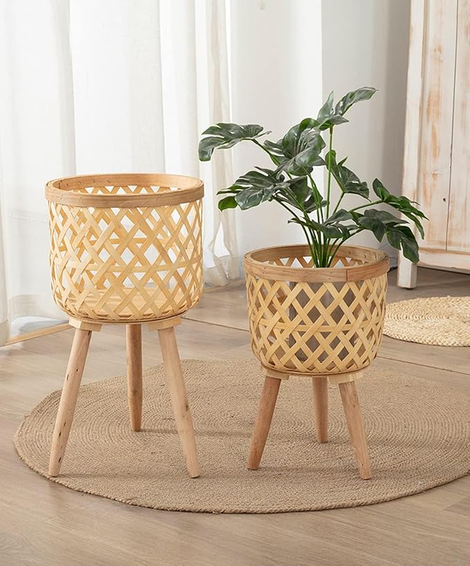 RISEON Set of 2 Handmade Mid Century Modern Planter, Rustic Indoor Rattan Basket Flower Pot Plant Stand,Large Floor Planter