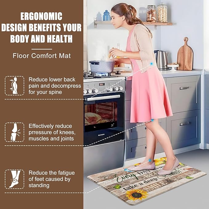 Likiyol Sunflower Kitchen Mats for Floor Farmhouse Kitchen Rugs Anti Fatigue Mats for Kitchen Floor, Butterfly Floral Kitchen Rugs Non Slip Washable Kitchen Floor Mats for Home, Sink, 18'' x 30''