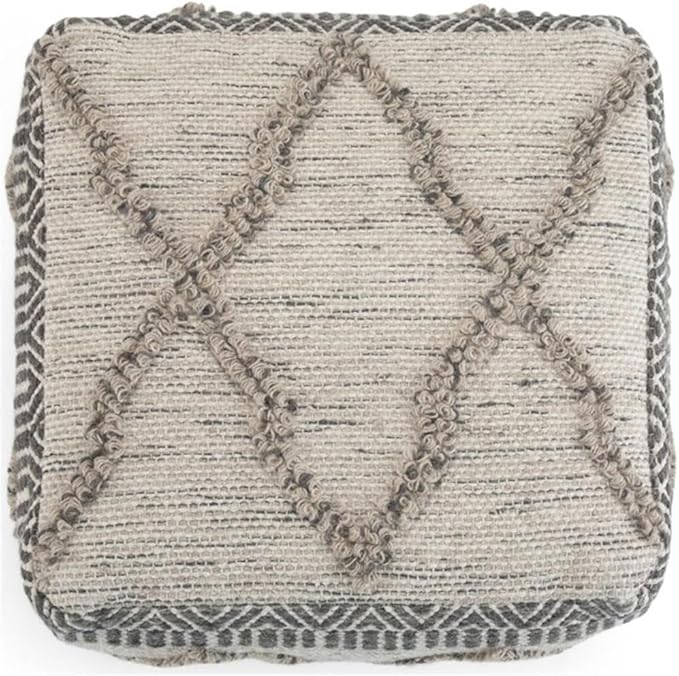 SIMPLIHOME Sweeney Square Pouf - 18 inch Wide Upholstered Wool and Cotton Handloom Woven Ottoman in Grey and Natural, Boho-Style Footstool, Extra Seating or Accent Piece for Living Room, Assembled