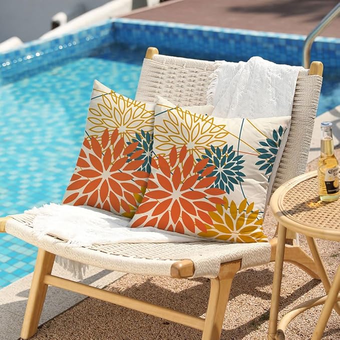 Orange and Yellow Floral Pillow Covers 18x18 Set of 2 Fall Outdoor Waterproof Decorative Throw Pillows Summer Pillowcovers Polyester Cushion Case Decor for Couch Patio Funiture Garden Porch 01Q18
