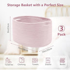 Cotton Rope Storage Basket, 15x10x9 Inches, Woven Basket for Shelves, Clothes, Towels, Books, and Laundry, Light Pink (3 Pack)