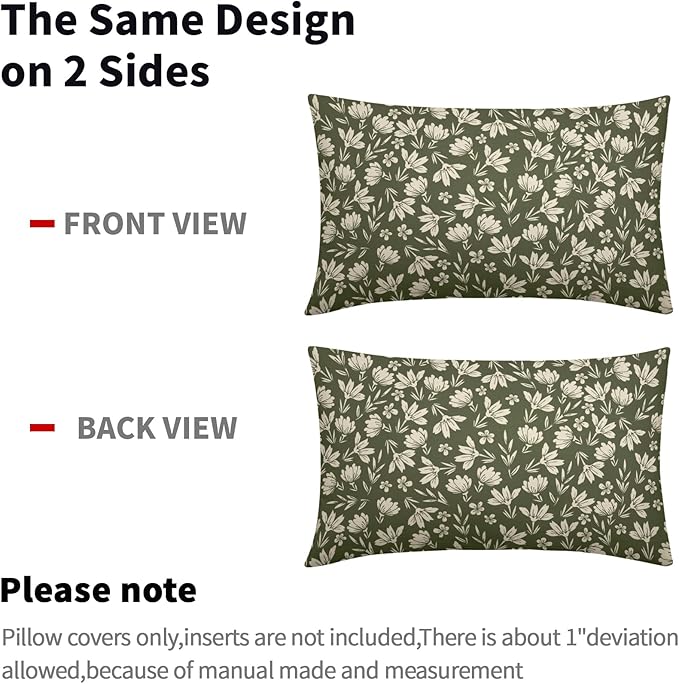 Olive Green Pillow Covers 12x20 Set of 2 Vintage Floral Rustic Old Style Cute Flower Print Rectangle Decorative Outdoor Pillowcases Seasonal Farmhouse Throw Cushion Case Couch Sofa Bed Decor