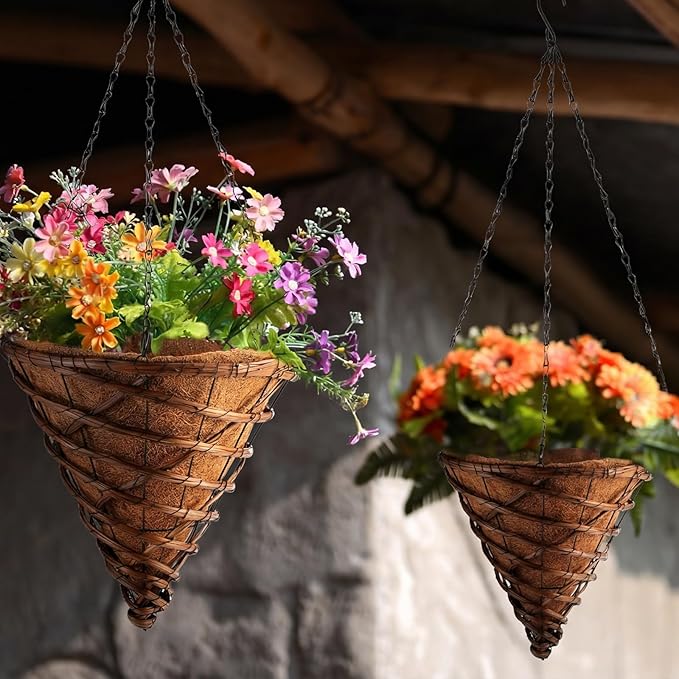 2 Pack 14" Cone Rattan Coco Moss Hanging Basket with Wire Hanger and Liner Heavy-Duty Wicker Hanging Planters with Coco Liner Plant Pot Flower Metal Wire Holder for Plant Balcony