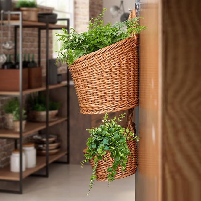 Zerodeko Hanging Woven Storage Basket for Kitchen Wall Decorative Organizer for Onion Ginger Garlic Space-Saving Rattan Basket 6.88X6.10X5.11In