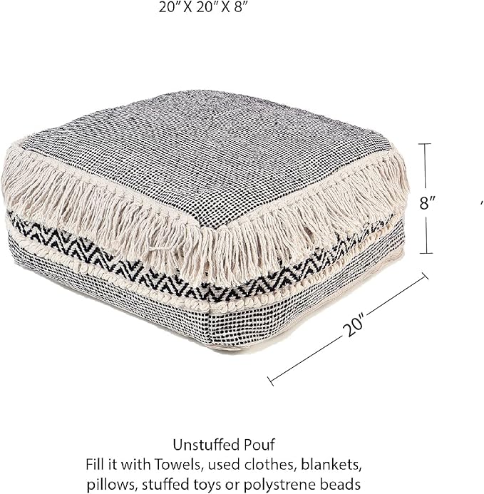 REDEARTH · UNSTUFFED Pouf Ottoman Cover Textured Storage Cube Boho Bean Bag Footrest Stool for Living Room, Bedroom,Nursery, Farmhouse, Kidsroom, Patio, Gym; 100% Cotton (20"X20"X8"; Black)