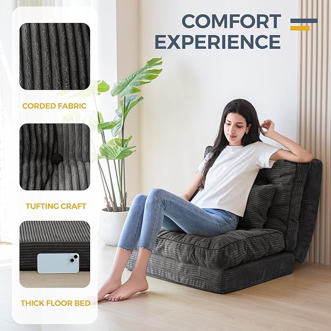 MAXYOYO Folding Sofa Bed, Tufted Bean Bag Bed with Pillows Floor Mattress for Adults, Extra Thick and Long Floor Sofa, Single Couch for Bedroom Living Room, Dark Grey, 30x91 Inch