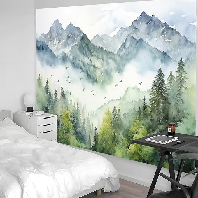 Atrippy Forest Nature Tapestry for Bedroom, Green Misty Foggy Mountain Sage Trees Wall Tapestry, Landscape Aesthetic Room Decor Wall Hanging for Living Room Dorm 51x60 Inches