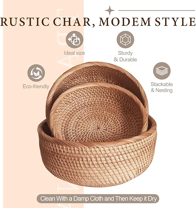 8" Round Small Wicker Basket, Artisanal Rattan Fruit Basket, Key Bowl for Entryway Table, Decorative Bowl for Kitchen Counter, Bedside, Living Room, Natural Woven Fruit Bowl, Purse Bowl, Bread Basket