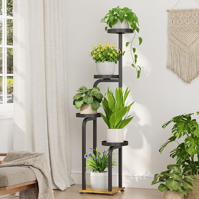 iDavosic.ly Tall Plant Stand Indoor, 4 Tier Corner Multiple Flower Holder Shelf with Metal Trays, Space Saving Display Rack for Living Room Balcony Patio Porch Outdoor | Black & Brown