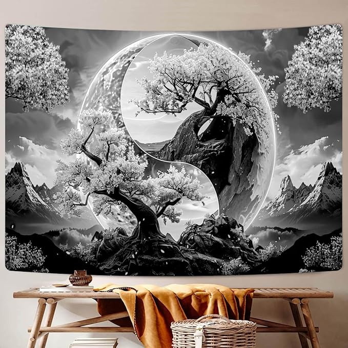 Tree Life Tapestry Aesthetic, Flowers Sun and Moon Art Tapestry Wall Hanging for Girls Bedroom, Cool Nature Galaxy Yin Yang Anime Tapestries Poster of Dorm Home Decor 90X70 Inches, Black and White