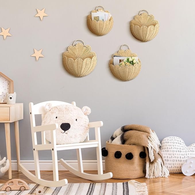 Domensi 4 Pcs Scalloped Wall Baskets Hanging Baskets 4 Different Sizes Large and Small Hand Woven Plastic Rattan Craft Original Storage Holder Scalloped Decor for Nursery Home House Bathroom