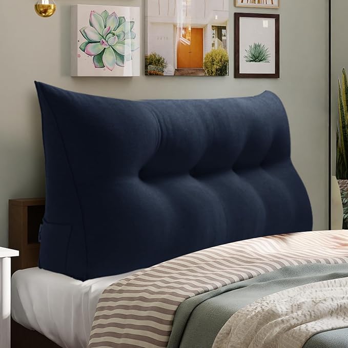 WOWMAX 80% Cotton & 20% Linen Blend Headboard Pillow – Full Size Reading Wedge Backrest for Bed, Handmade Firm Support Bolster Cushion with Removable Cover, Premium Bed Rest Pillow, Blue
