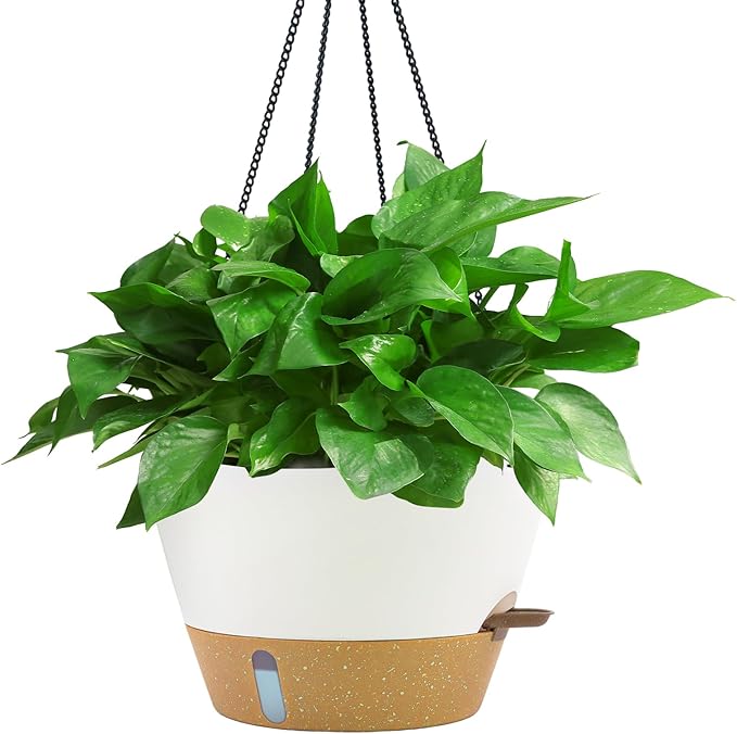 ZMTECH 12 Inch Hanging Planters for Indoor Plants, Modern White Self Watering Hanging Planter with Visible Water Level Window & Chain, Large Flower Pots for Outdoor Patio Decor