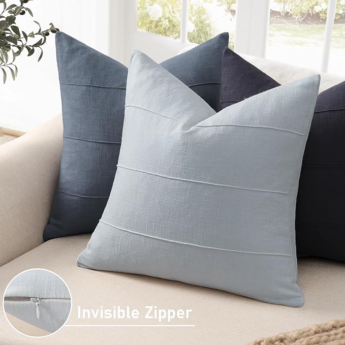 ZWJD Decorative Linen Throw Pillow Covers 20x20 Set of 2 Solid Handcrafted Striped Cushion Covers for Bed Soft Modern Farmhouse Neutral Pillowcase for Couch Bedroom Living Room Home Decor(Sky Blue)