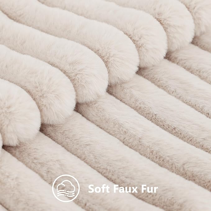 decorUhome Summer Cozy Faux Fur Throw Pillow Covers 22x22 Set of 2 Decorative Soft Plush Striped Modern Farmhouse Boho Couch Euro Sham Pillow Cases with Velvet Back for Sofa Bed Living Room, Beige