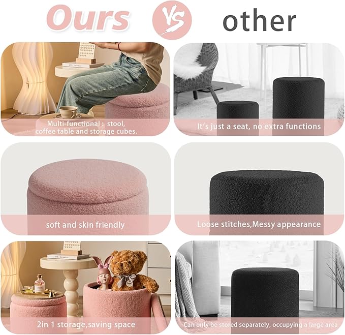 Round Ottoman with Storage Set of 2 - Upholstered Sherpa Vanity Stool for Makeup Multifunctional Ottomans Coffee Table Padded Seat Foot Rest for Living Room & Bedroom (Sherpa Pink)