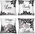 Tatuo 4 Pcs Flower Pillow Covers Square Spring Pillow Cushion Cases 18 x 18 Inch Family Faith Hope Love Words Decorative Summer Winter Cushion Case for Bed Couch Sofa Living Room(Black Series)