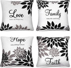 Tatuo 4 Pcs Flower Pillow Covers Square Spring Pillow Cushion Cases 18 x 18 Inch Family Faith Hope Love Words Decorative Summer Winter Cushion Case for Bed Couch Sofa Living Room(Black Series)