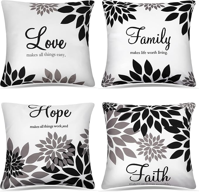 Tatuo 4 Pcs Flower Pillow Covers Square Spring Pillow Cushion Cases 18 x 18 Inch Family Faith Hope Love Words Decorative Summer Winter Cushion Case for Bed Couch Sofa Living Room(Black Series)