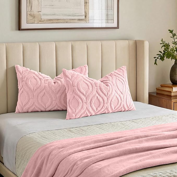 decorUhome Cozy Textured Throw Pillow Covers 12x20 Inch Set of 2, Soft Plush Faux Wool Pink Accent Couch Pillow Covers for Modern Farmhouse Sofa Bed Living Room