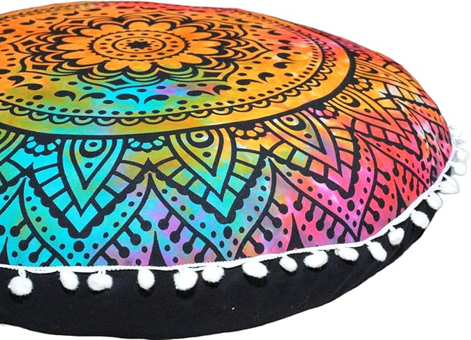 CRAFT KALA Round Mandala Boho Pillow Cover Meditation India Room Seating Poufs Cover for Living Room Yoga Room Home Décor Bedroom Balcony Garden Decoration Cotton Floor Cushion Cover 22", Multi Flower