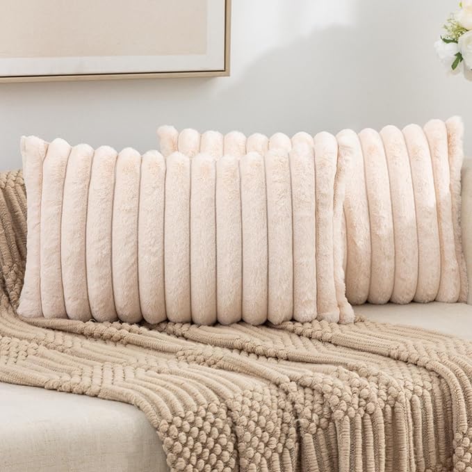 ZLINA Set of 2 Beige Faux Fur Decorative Throw Pillow Covers Fluffy Striped Pillowcase Cushion Covers 12 x 20 Inch Decor Sofa Couch Bedroom