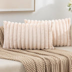 ZLINA Set of 2 Beige Faux Fur Decorative Throw Pillow Covers Fluffy Striped Pillowcase Cushion Covers 12 x 20 Inch Decor Sofa Couch Bedroom